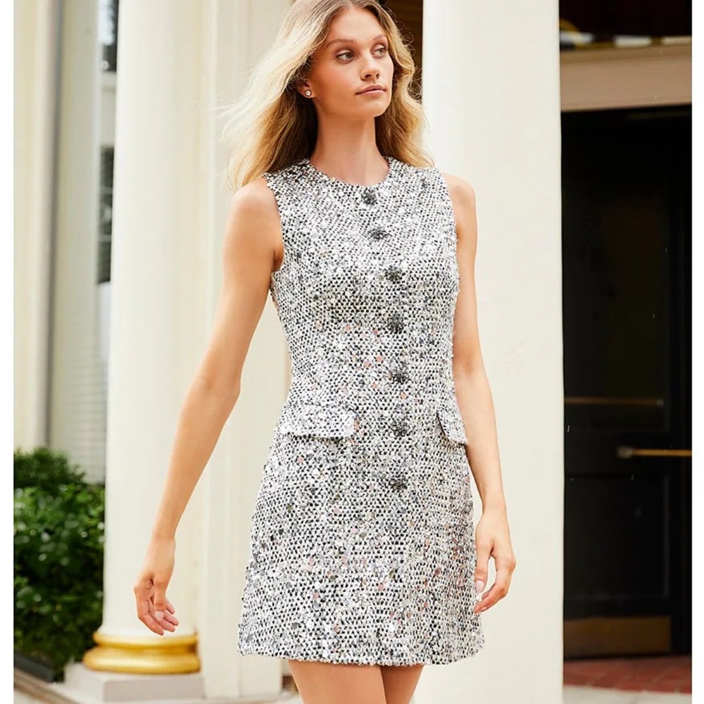 Emiliana Sequin Tweed Button Front A-Line Dress
